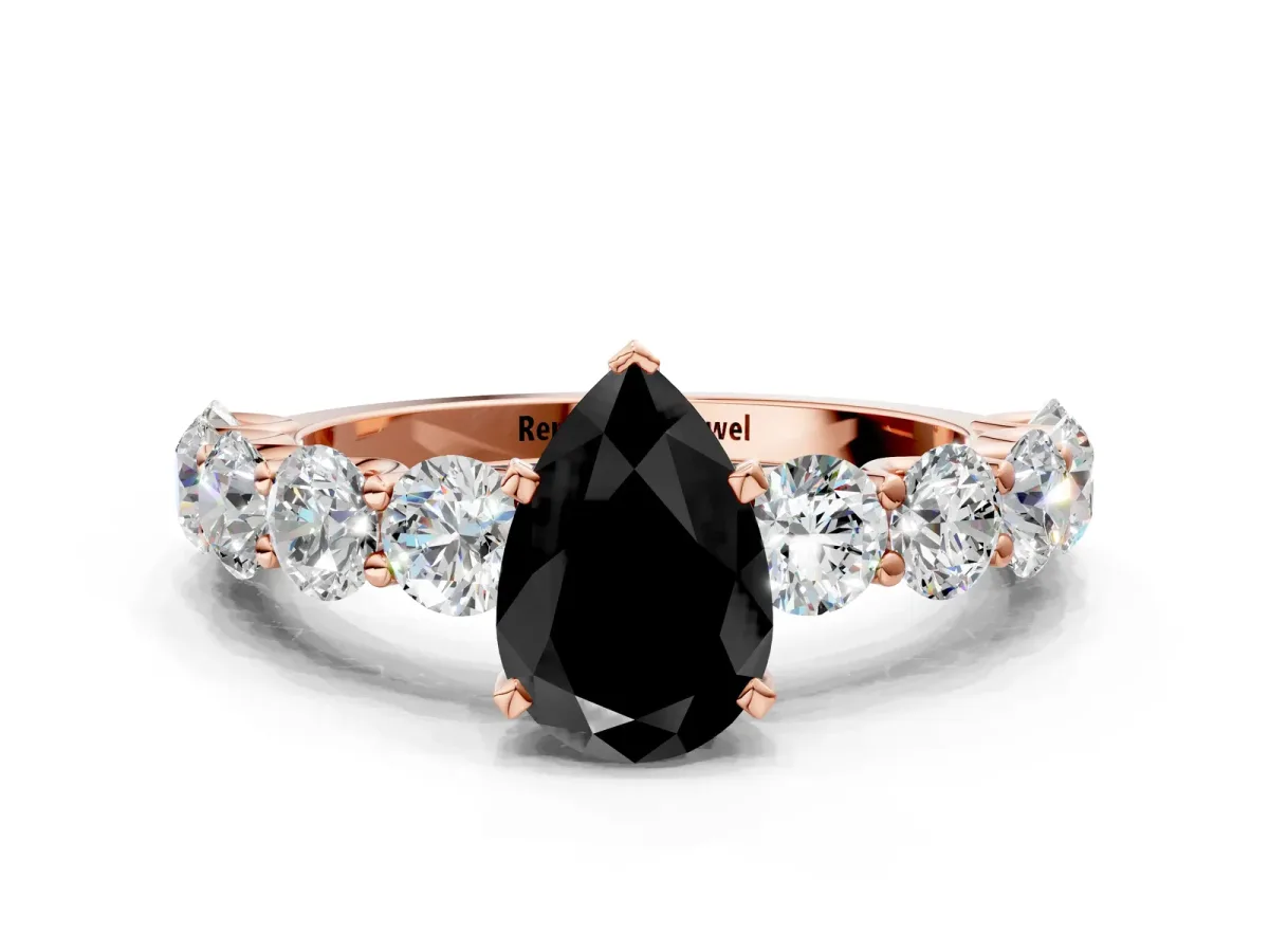 Fancy Black Pear Cut Diamond Prong Setting with Side Stones on a Pave Band Rose gold