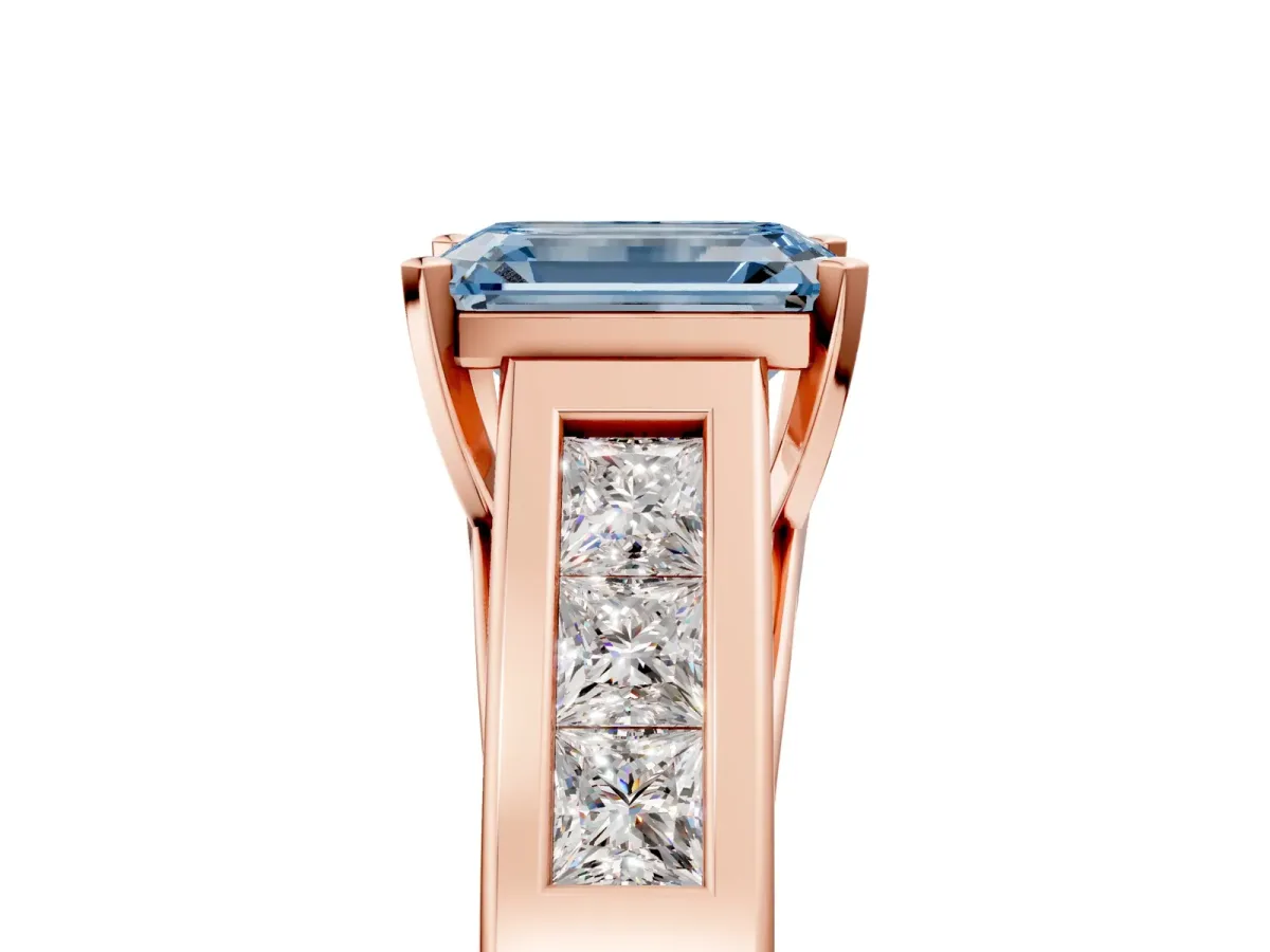 Fancy Blue Emerald Cut Cut Channel Set Solitaire Ring with Four-Prong Setting Rose gold