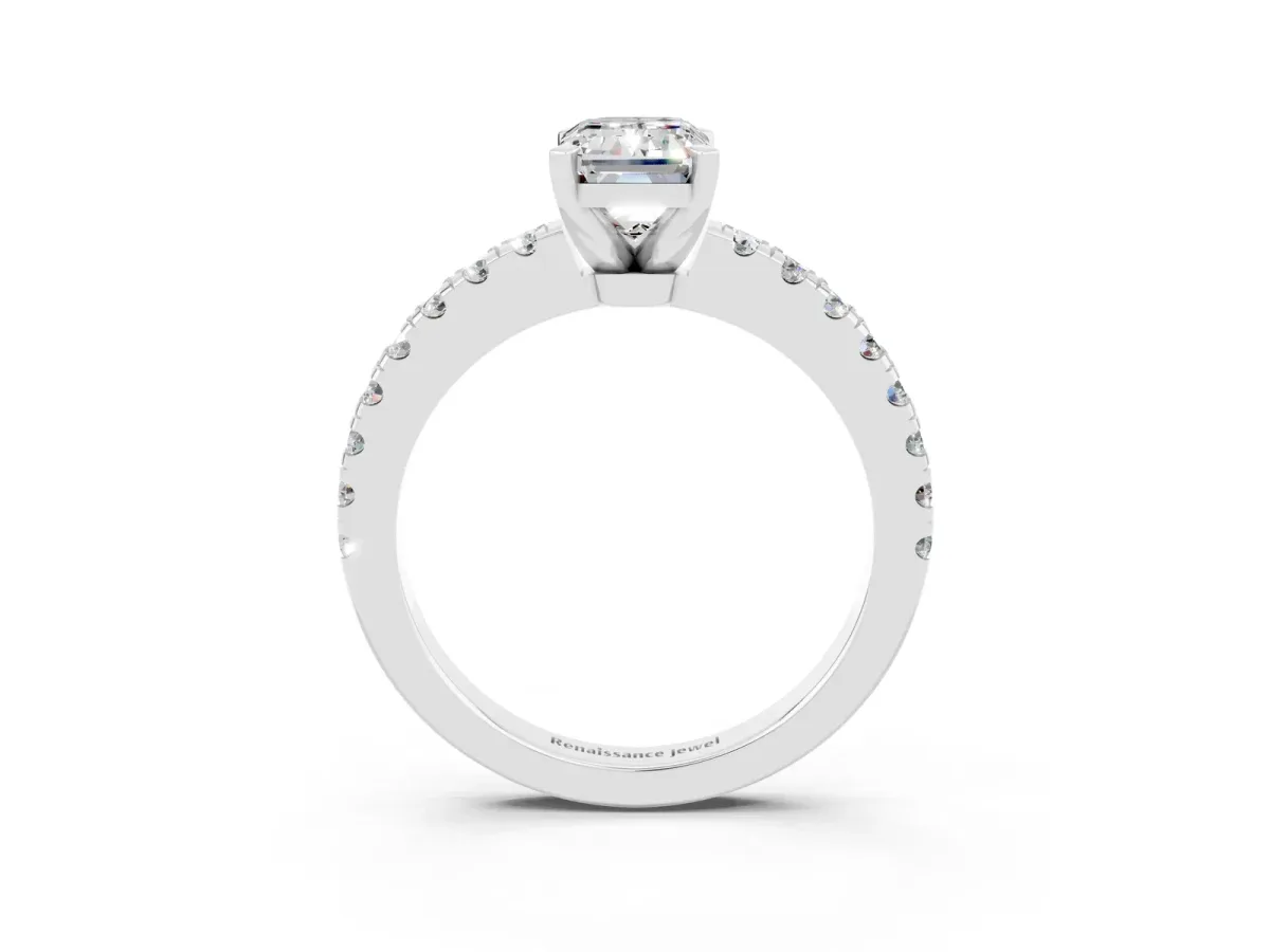 Emerald Cut Solitaire Moissanite with Pavé Band and Four-Prong Setting Silver