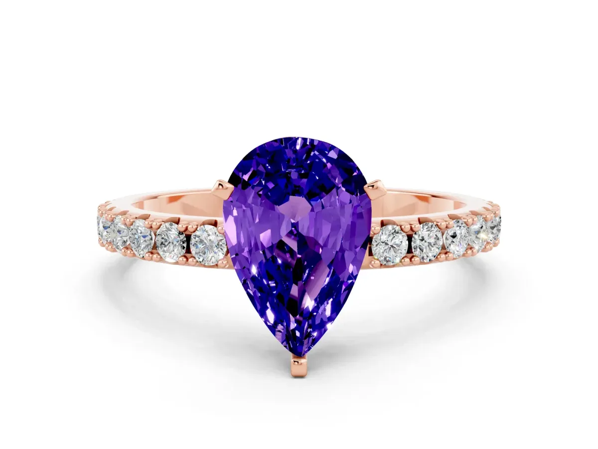 Pear Cut Tanzanite Solitaire Pavé Band with Four-Prong Setting Rose gold