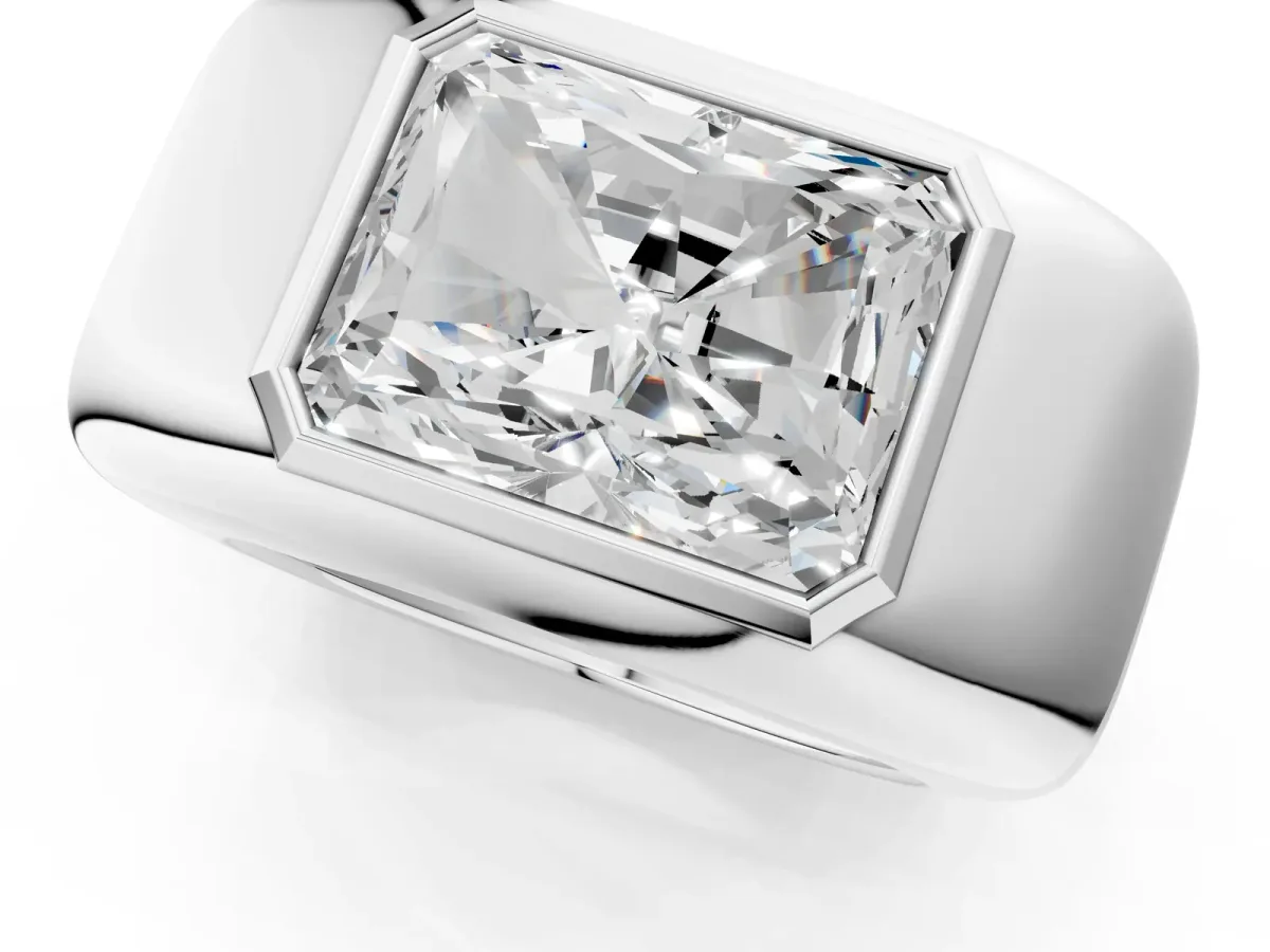 Radiant Diamond Bezel Set Mens Ring Silver