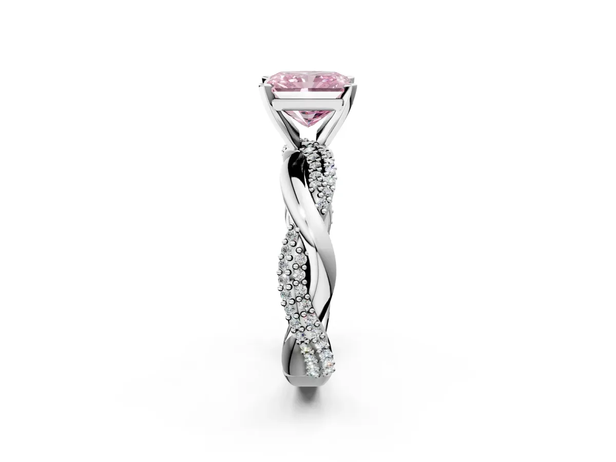 Fancy Pink Radiant Cut Solitaire Twist Band with Pave Prong Setting Platinum