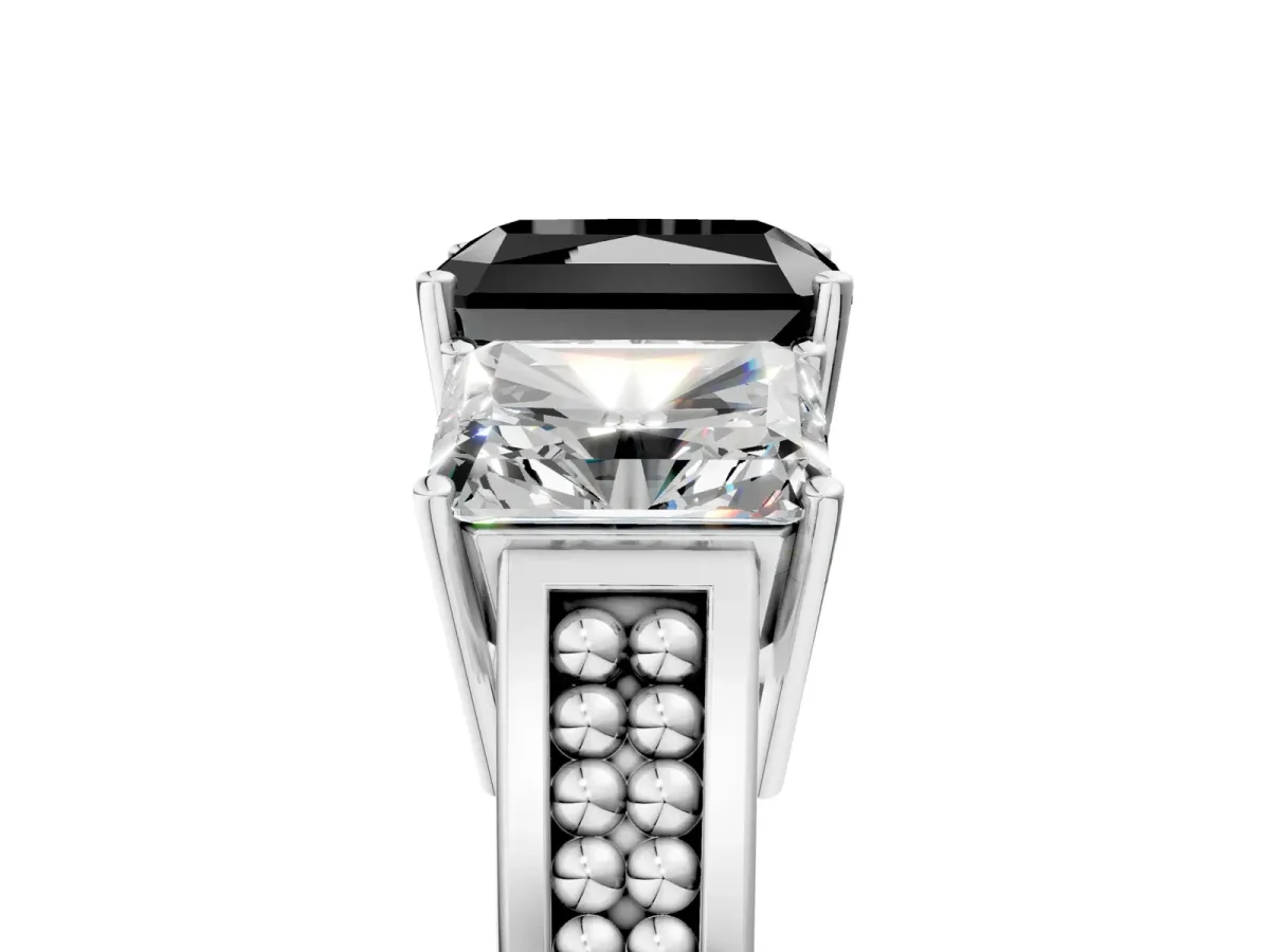 Fancy Black Radiant Cut Diamond Three-Stone Ring with Prong Setting and Textured Band Platinum
