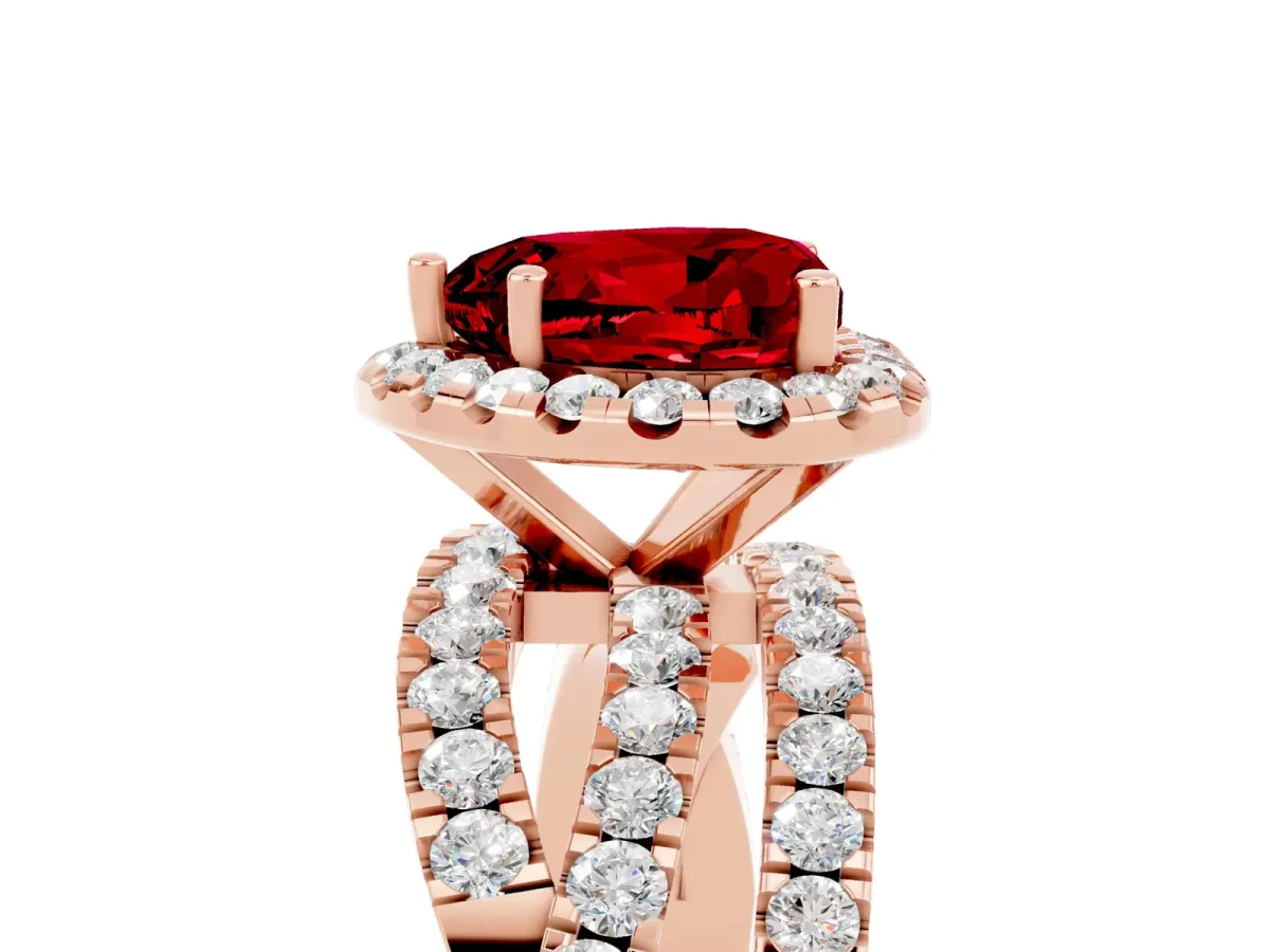 Heart Cut Ruby Halo Ring with Round Split Shank and Prong Setting Rose gold