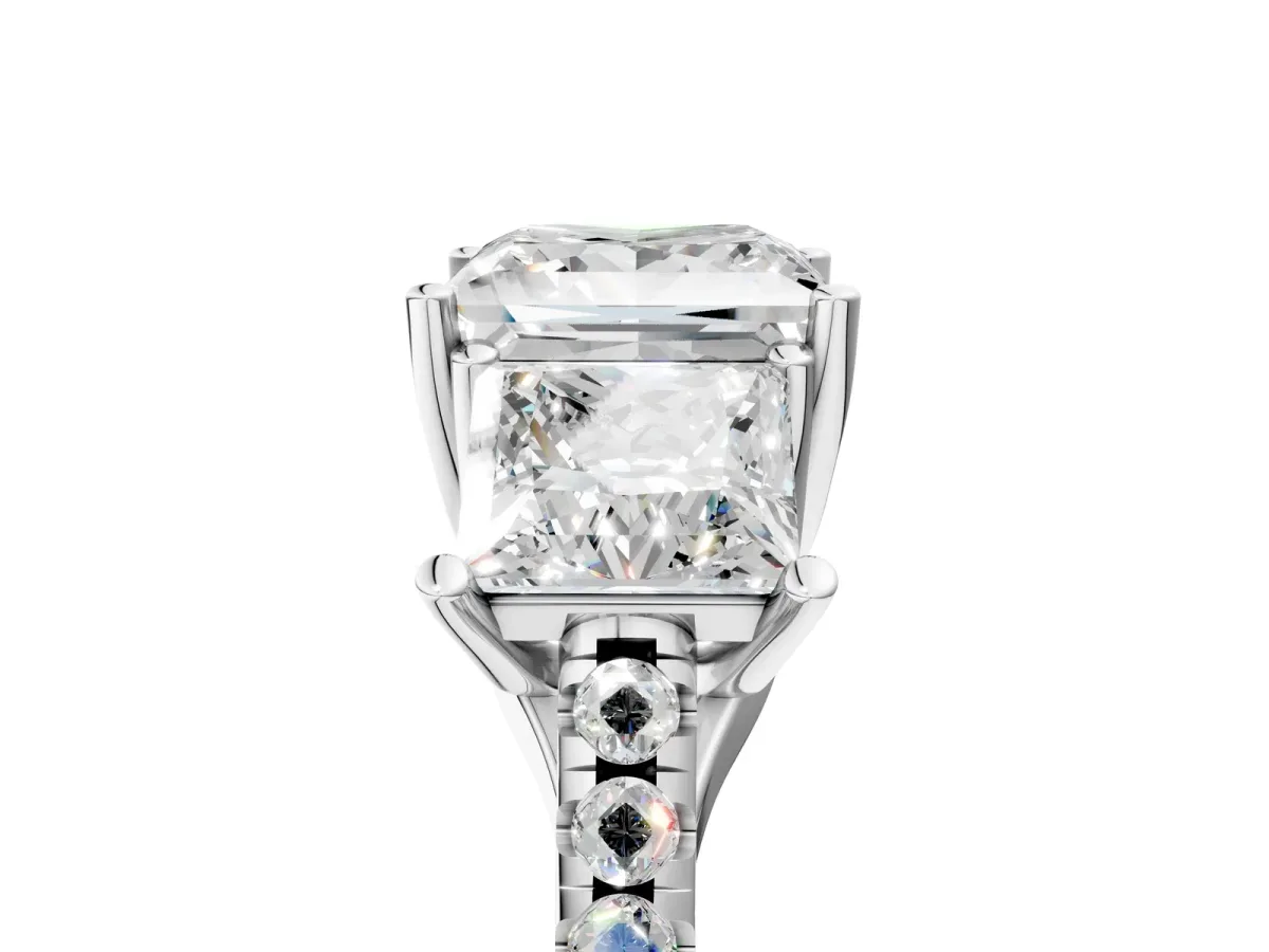 Three-Stone Princess Cut Diamond Ring with Round Moissanite Pavé Band and Prong Setting Silver