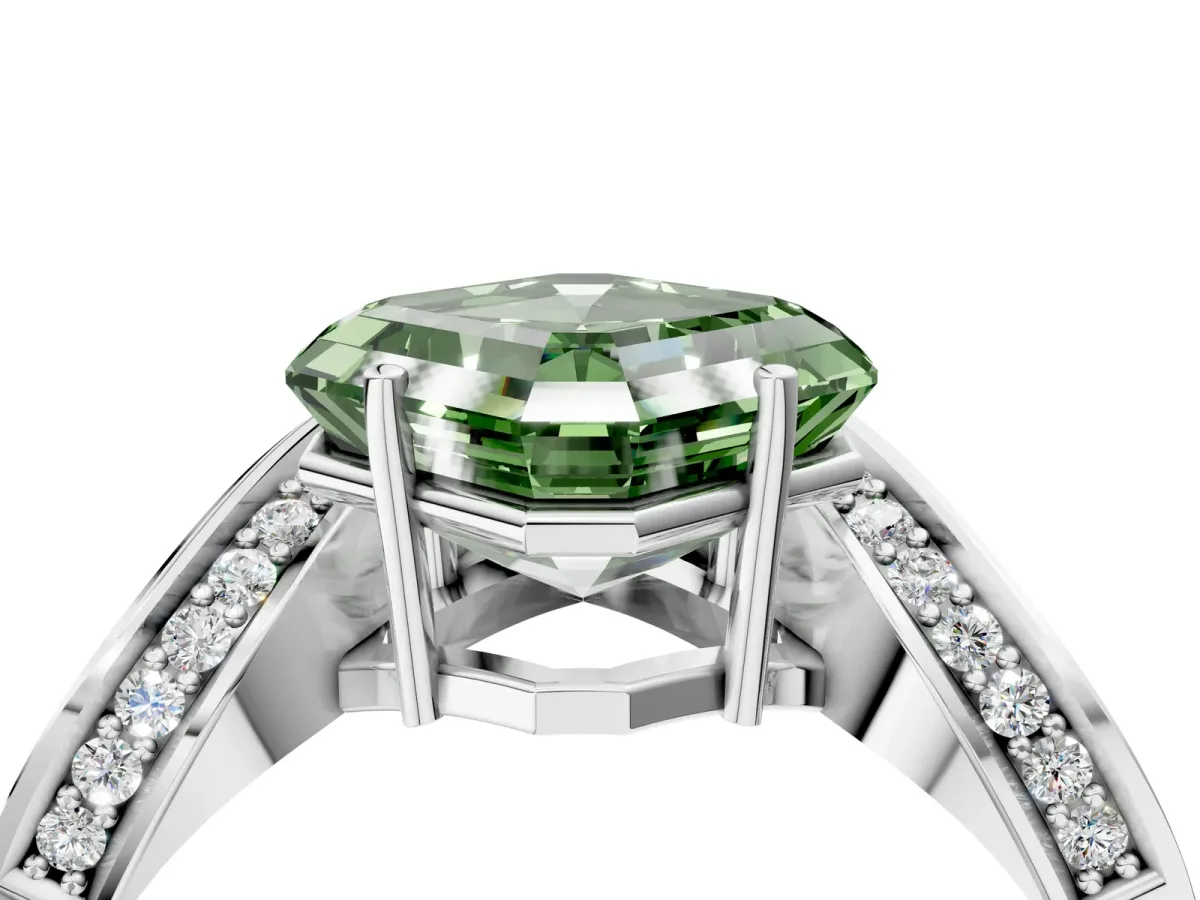 Fancy Green Asscher Cut Solitaire Diamond Engagement Ring with Pave Band and Four-Prong Setting Silver