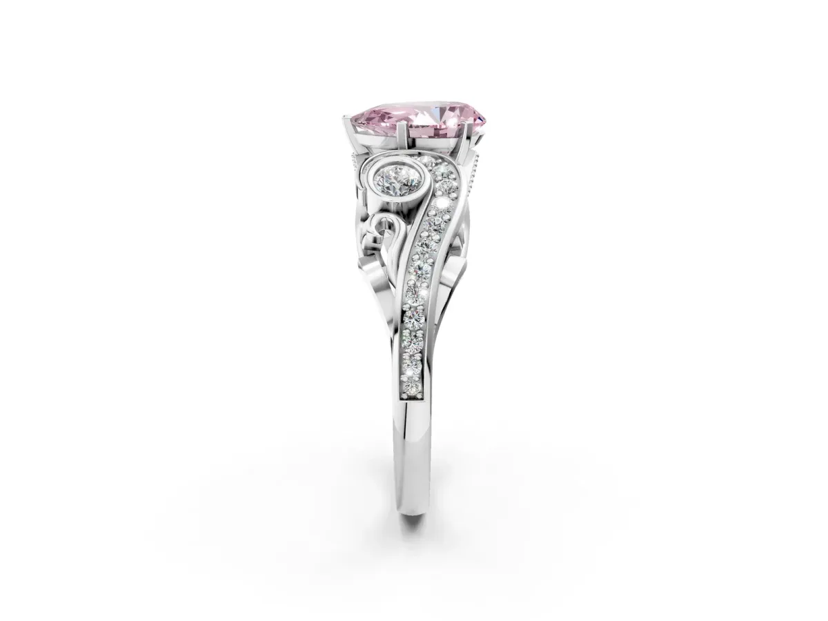Fancy Pink Pear Cut Diamond Solitaire Ring with Milgrain Pavé Band and Four-Prong Setting Silver