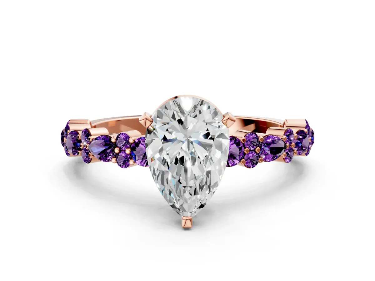 Pear Cut Diamond Side Stone Solitaire Ring with Round Amethyst and Four-Prong Setting Rose gold