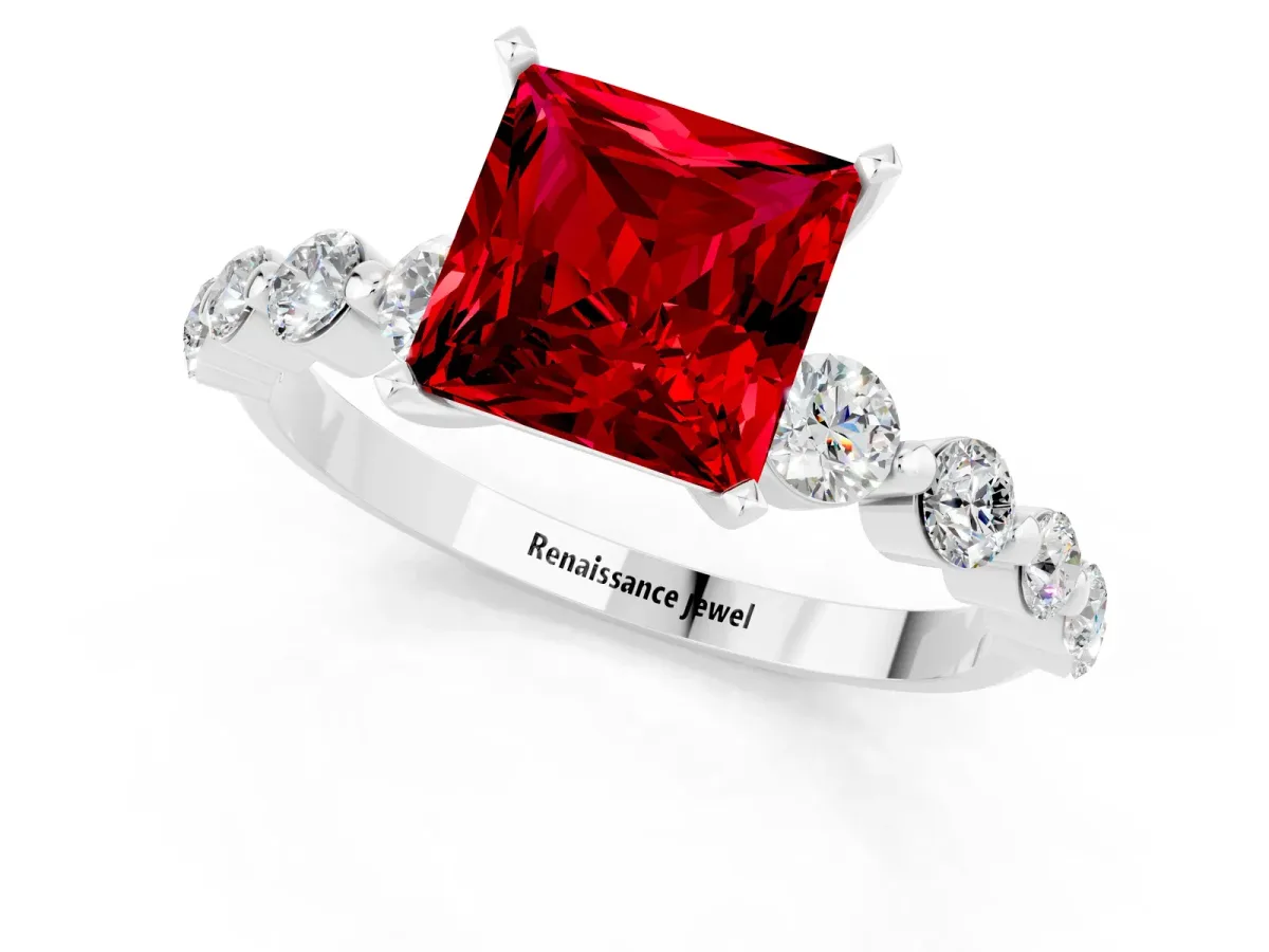 Princess Cut Solitaire Ruby Ring with Pave Band and Four-Prong Setting Platinum