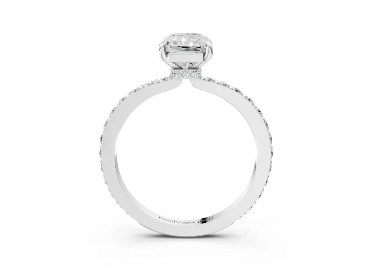Radiant Cut Diamond Solitaire Engagement Ring with Pavé Band and Four-Prong Setting Silver