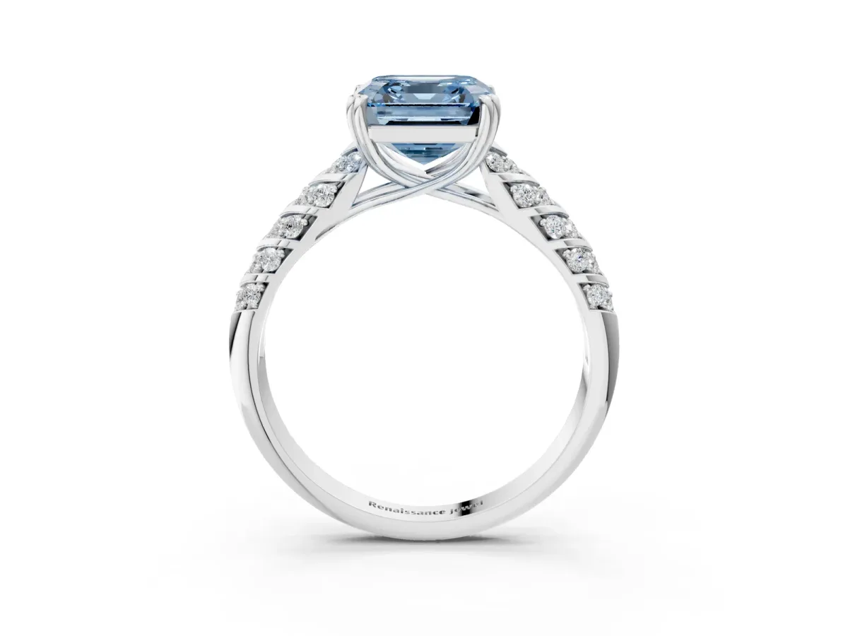 Fancy Blue Asscher Cut Solitaire Chevron Pave Diamond Engagement Ring with Six-Prong Setting Platinum