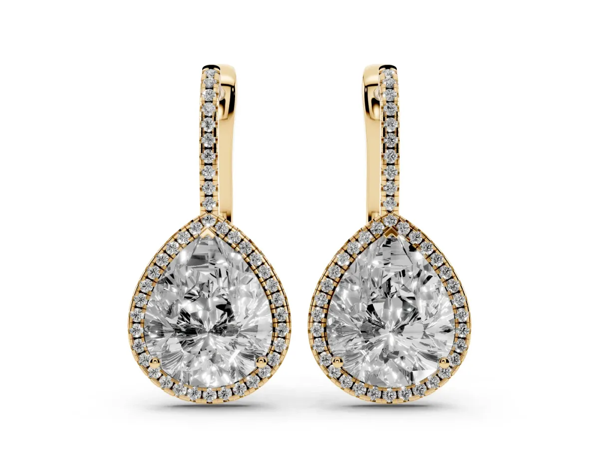 Pear Diamond Halo Leverback Drop Earrings with Round Diamond Accents Yellow gold