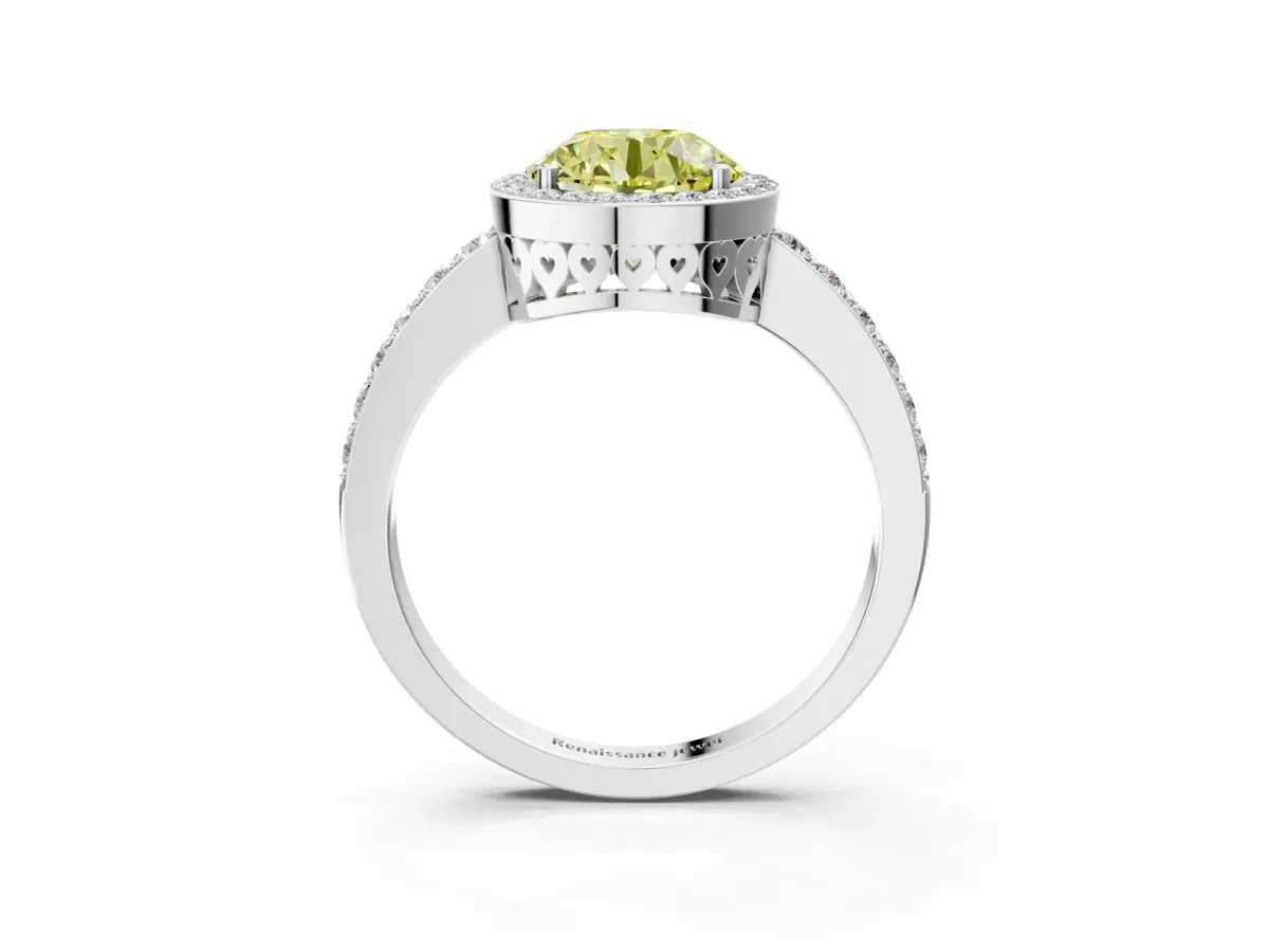Fancy Yellow Round Cut Halo Diamond Pavé Band Ring with Prong Setting Platinum