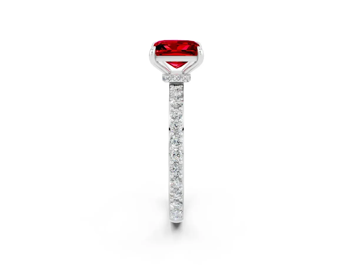 Princess Cut Ruby Solitaire Engagement Ring with Pavé Band and Four-Prong Setting Silver
