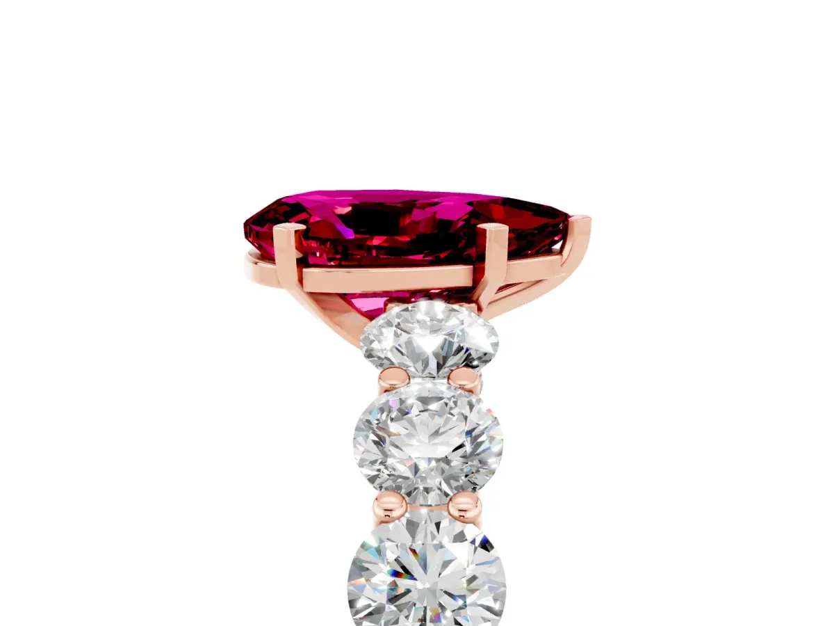 Pear Cut Garnet Prong Setting with Side Stones on a Pave Band Rose gold