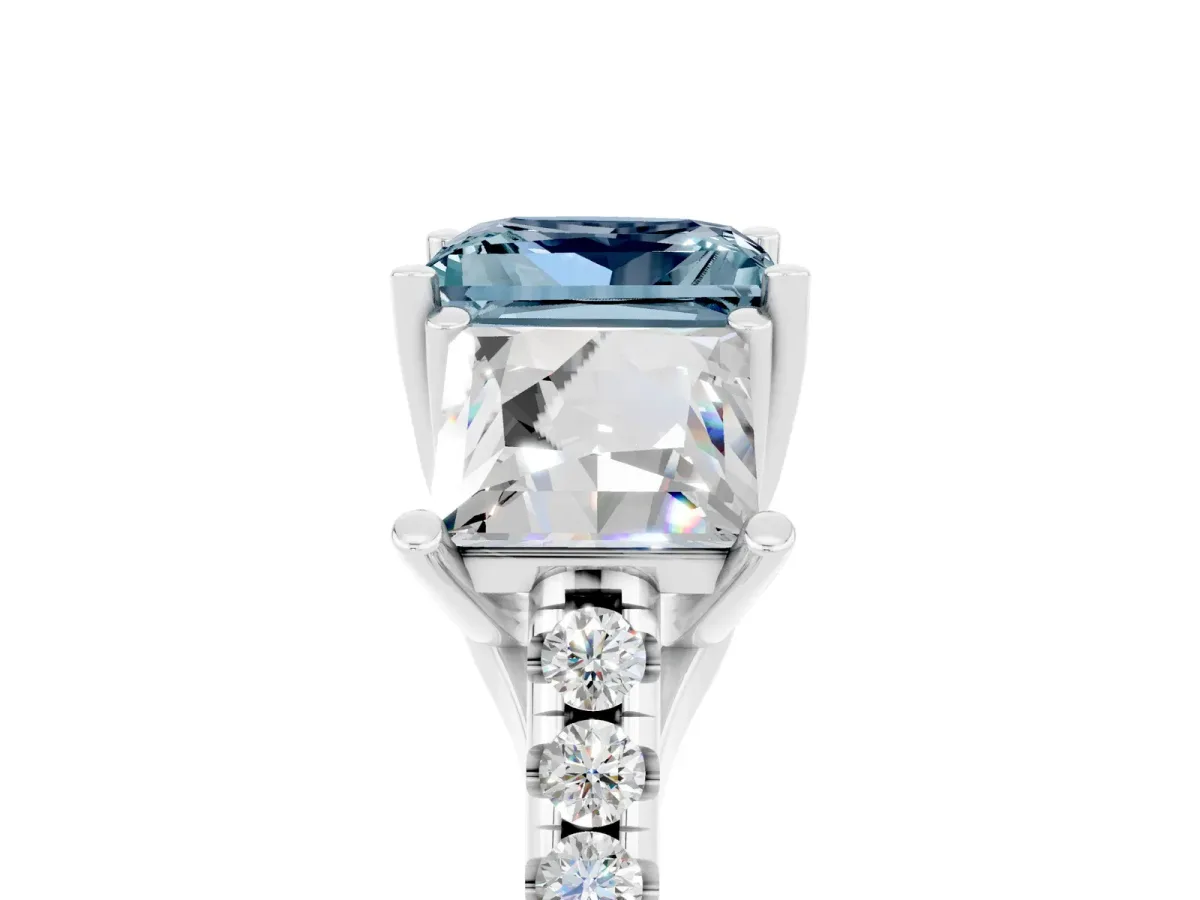 Three-Stone Princess Cut Aquamarine Ring with Round Pavé Band and Prong Setting Silver
