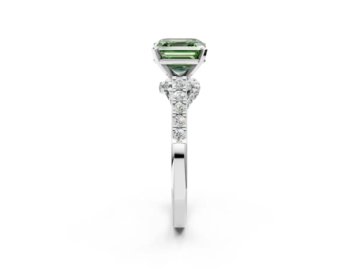 Fancy Green Asscher Cut Diamond Solitaire Ring with Crossover Gallery and Round Pavé Band Silver