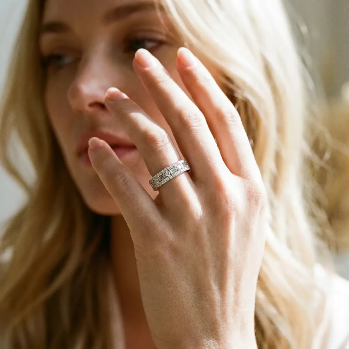 Pave Round and Baguette Diamond Eternity Band with Channel and Prong Setting Silver