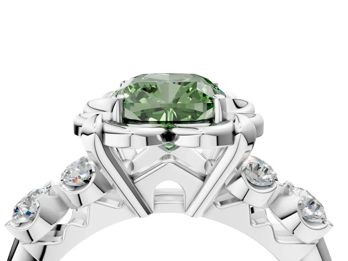 Fancy Green Cushion Cut Cut Diamond Floral Halo Engagement Ring with Shared Prong Setting Silver