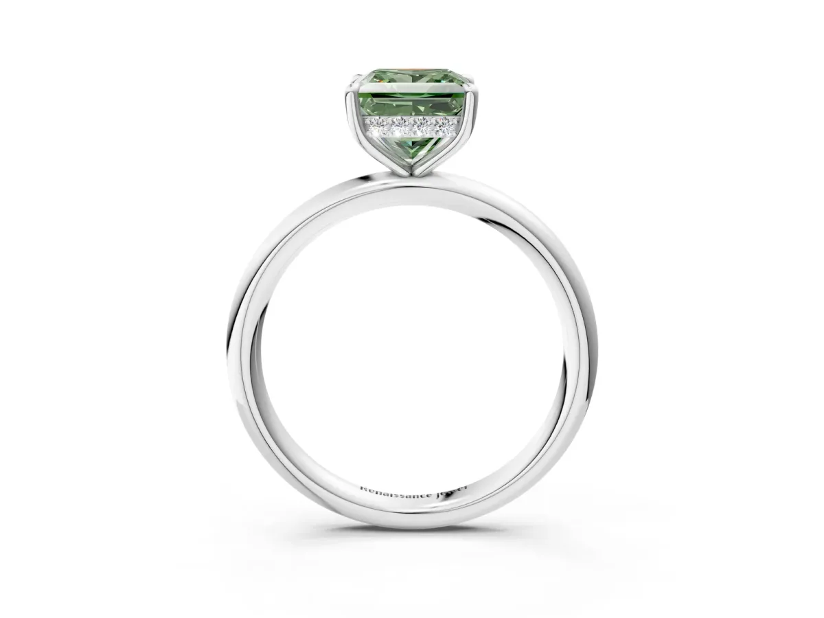 Fancy Green Princess Cut Diamond Solitaire Ring with Thin Band and Four-Prong Setting White gold