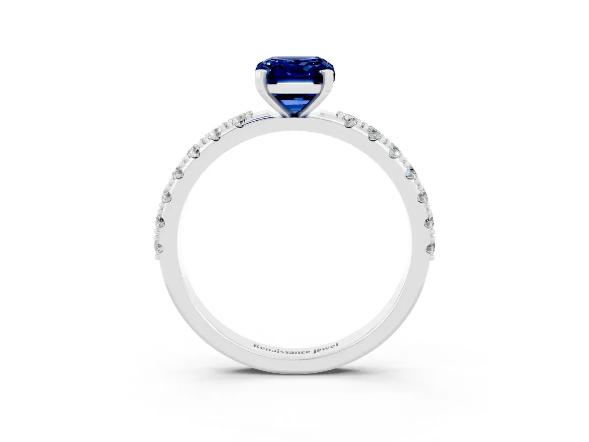 Emerald Cut Blue Sapphire Solitaire Pavé Band with Four-Prong Setting Silver