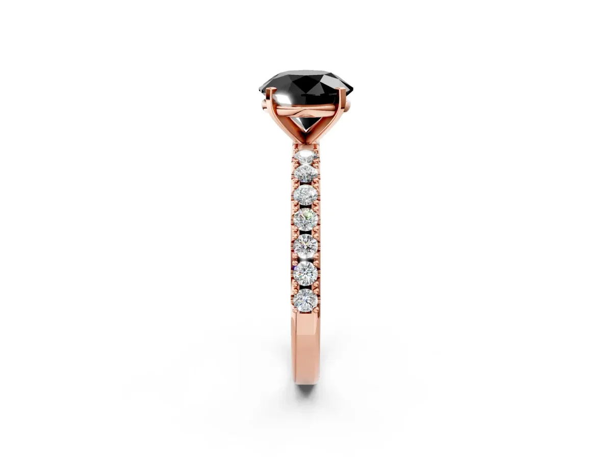 Fancy Black Round Cut Diamond Solitaire Pavé Band with Four-Prong Setting Rose gold