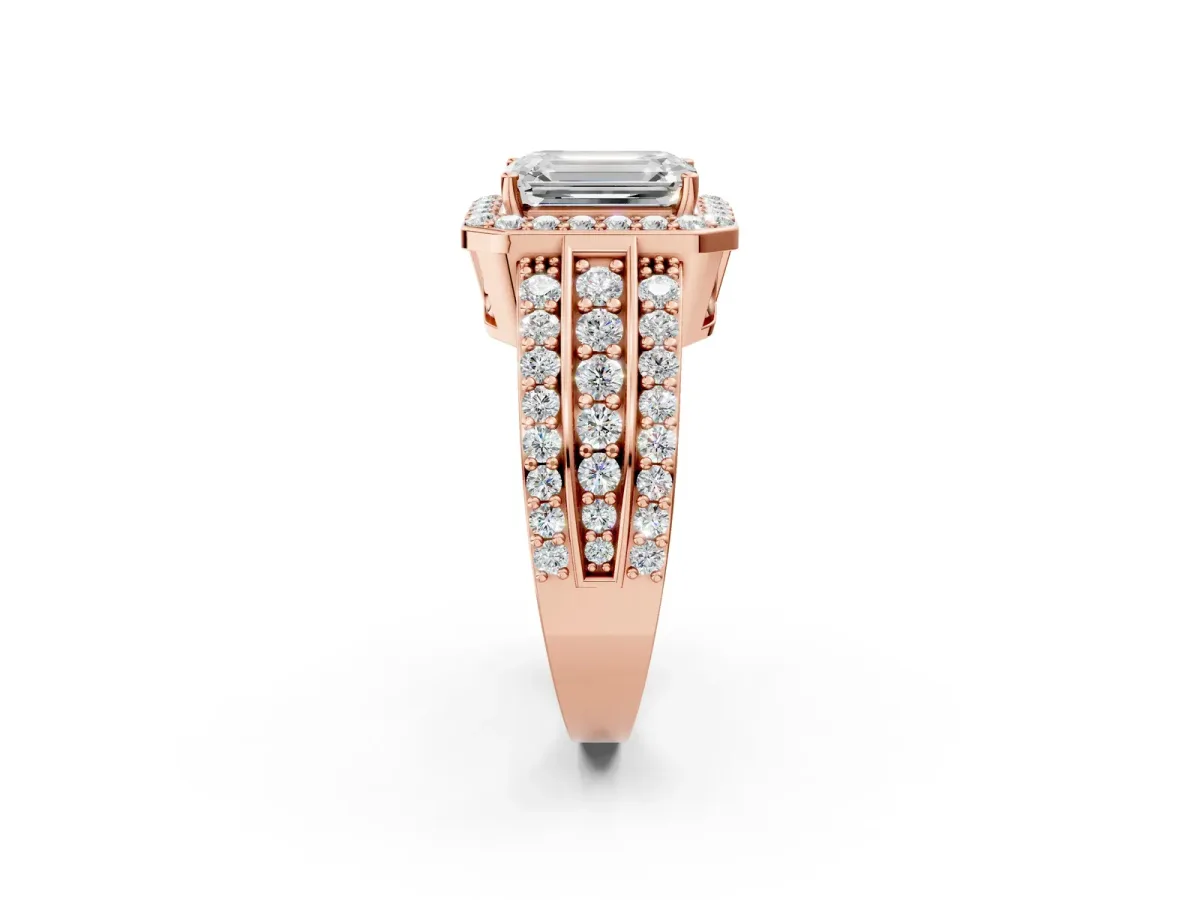 Emerald Cut Halo Diamond Ring with Round Moissanite Split Shank and Prong Setting Rose gold