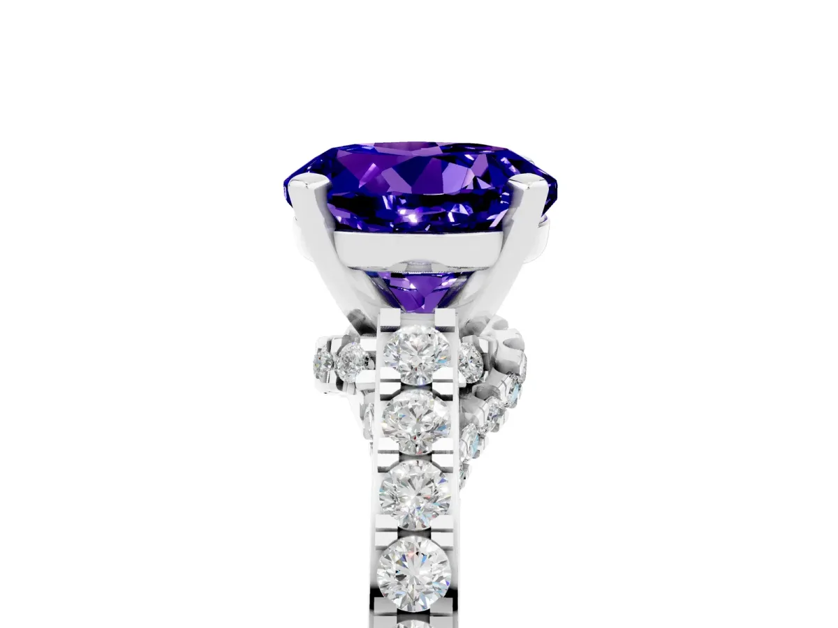 Round Cut Tanzanite Solitaire Ring with Crossover Gallery and Round Pavé Band Silver