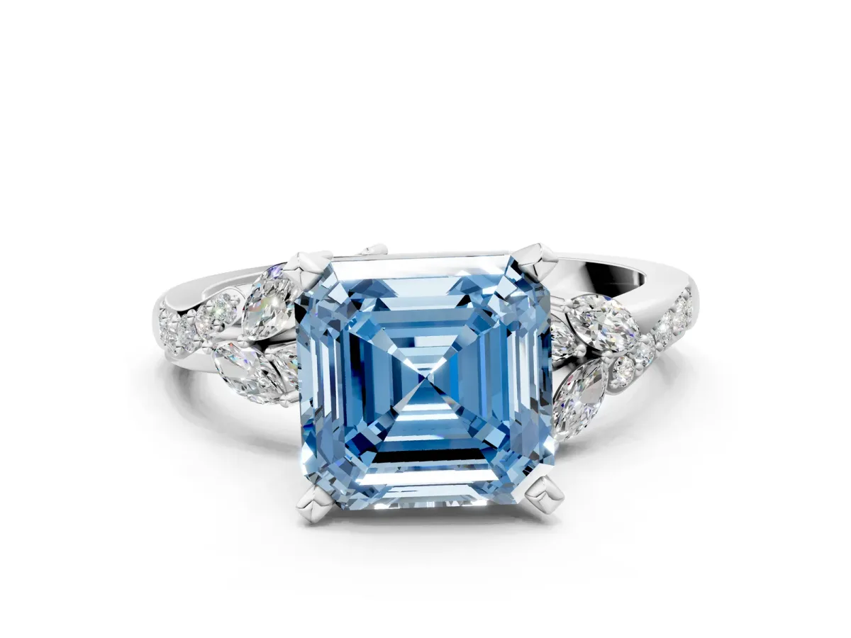 Fancy Blue Asscher Cut Solitaire Marquise Twist Band with Six-Prong Setting Platinum