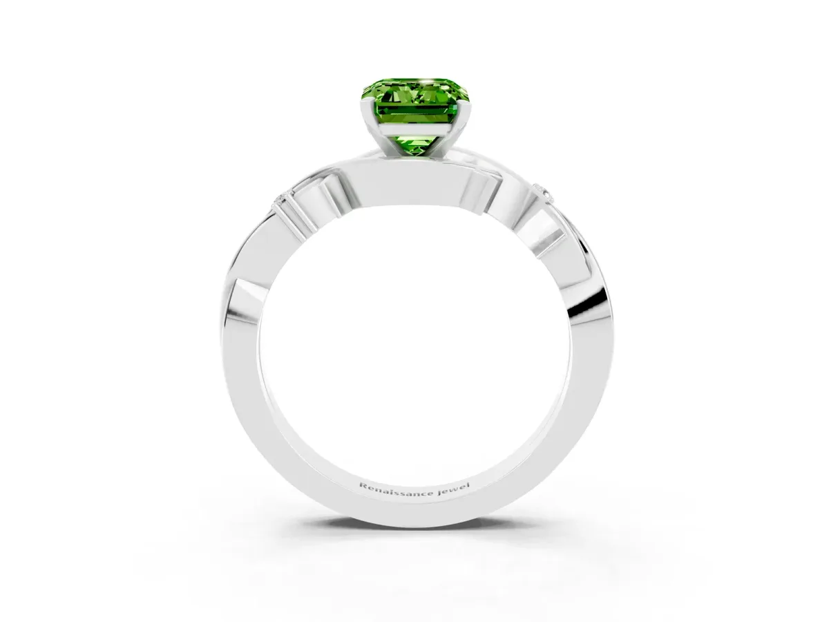 Emerald Cut Peridot Solitaire Ring with Twisted Band and Prong Setting Silver