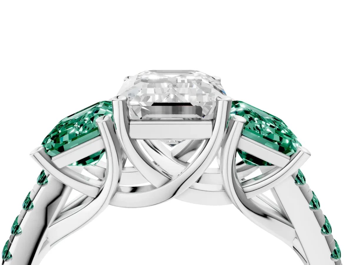 Three-Stone Emerald Cut Diamond Ring with Round Green Sapphire Pavé Band and Prong Setting Silver