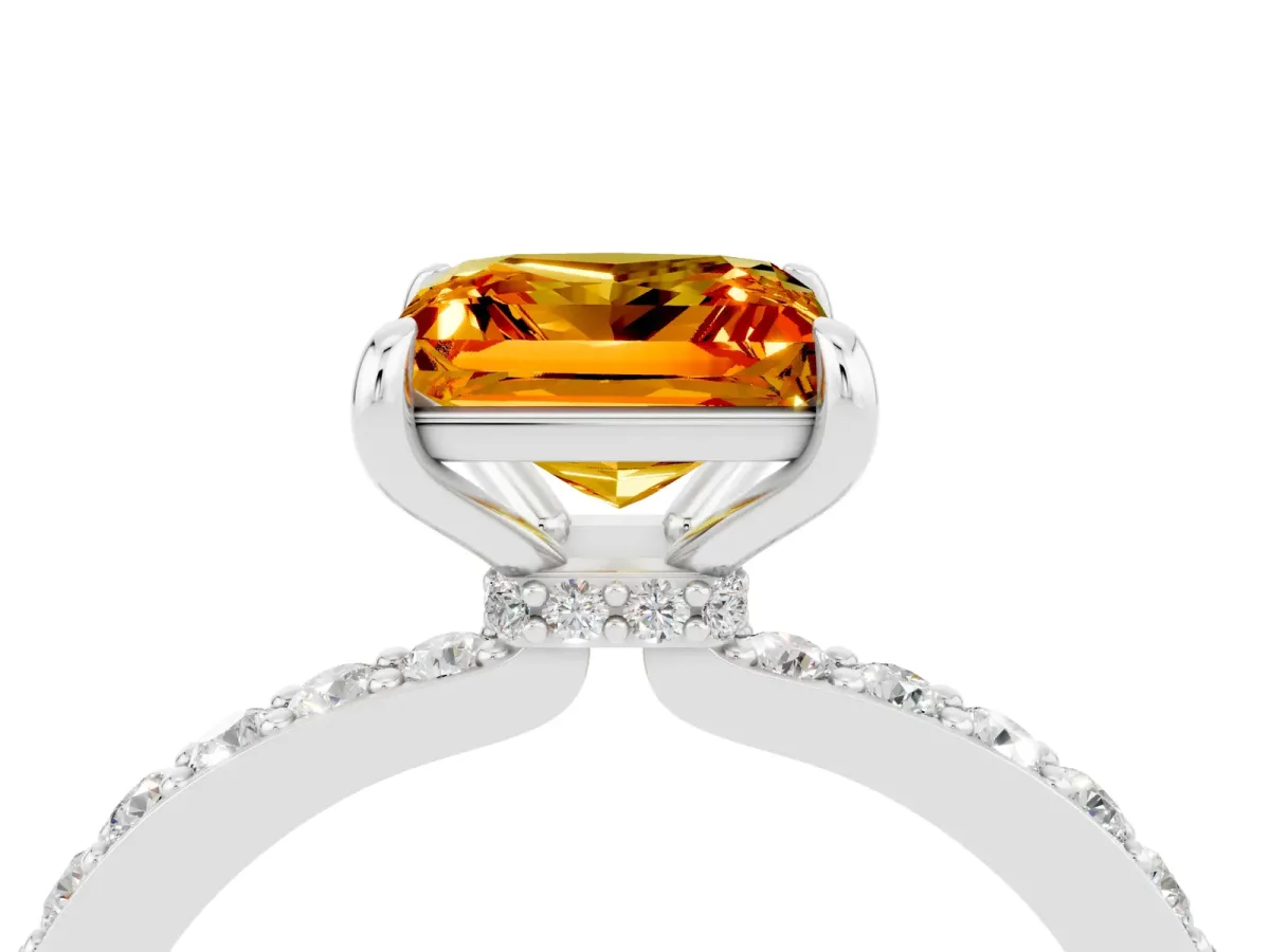 Princess Cut Citrine Solitaire Engagement Ring with Pavé Band and Four-Prong Setting Silver