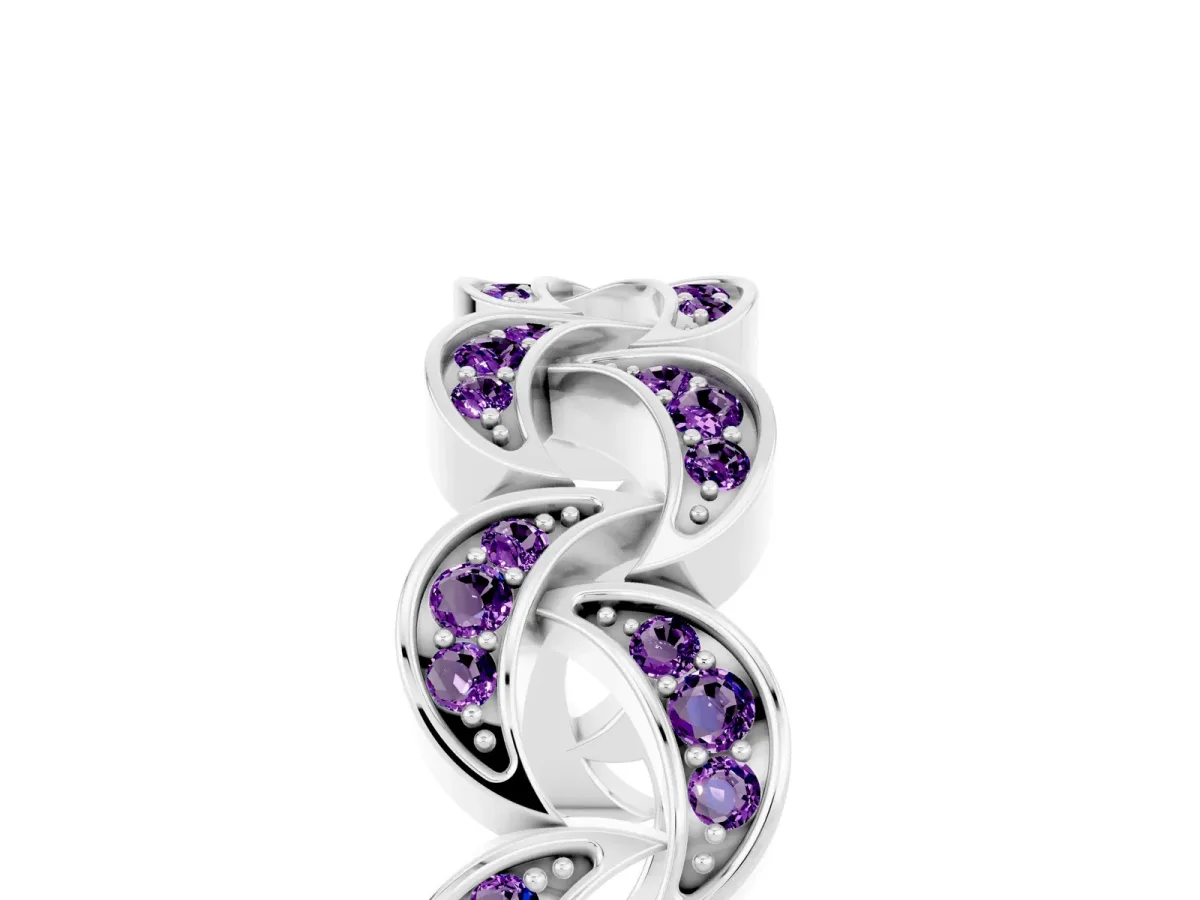 Pavé Round Amethyst Interlocking Eternity Band with Bezel Prong Setting Platinum