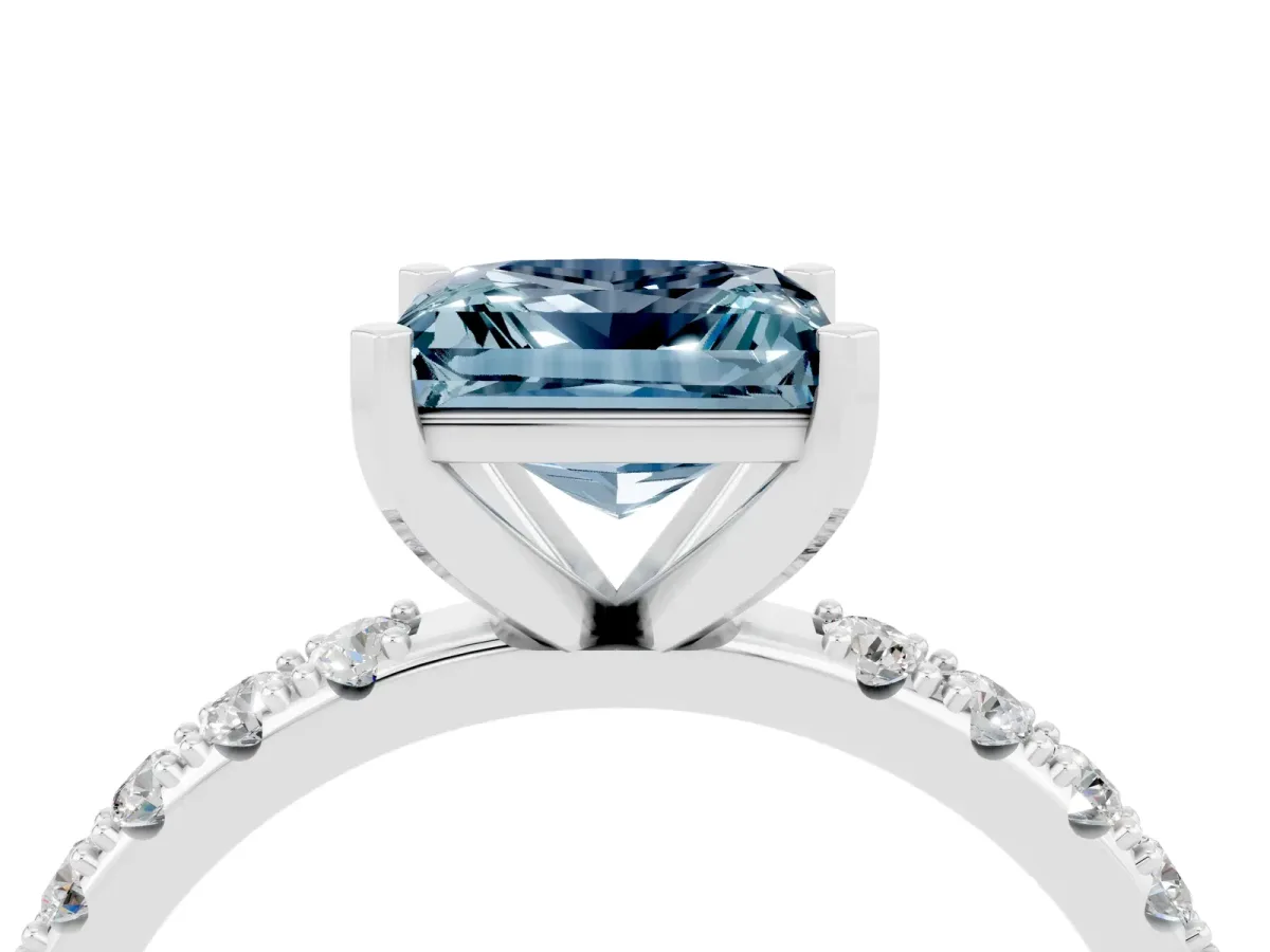 Princess Cut Aquamarine Solitaire Pavé Band with Four-Prong Setting Silver