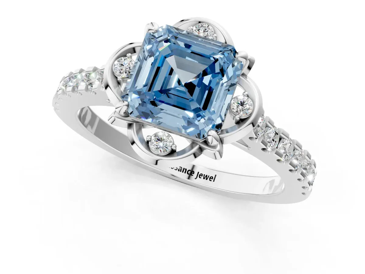 Fancy Blue Asscher Cut Diamond Ring with Pavé Band and Floral Prong Setting Platinum