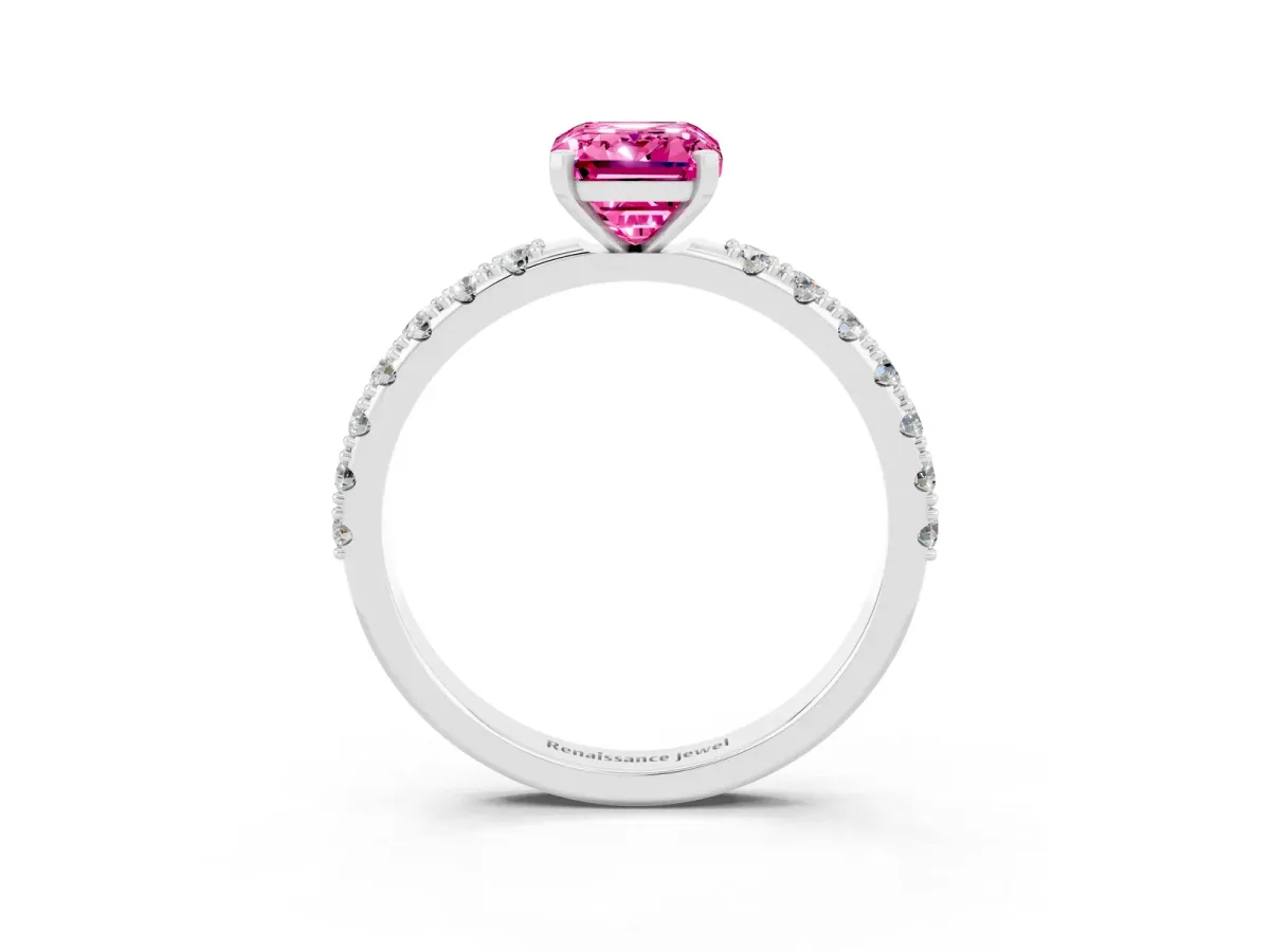 Emerald Cut Pink Sapphire Solitaire Pavé Band with Four-Prong Setting Platinum