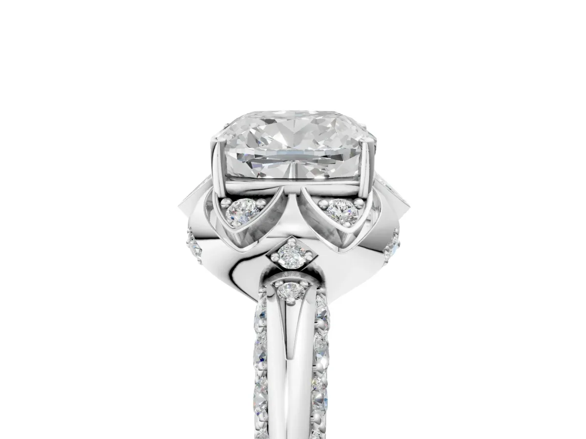 Cushion Cut Halo Split Shank Pave Diamond Ring with Petal Prong Setting White gold