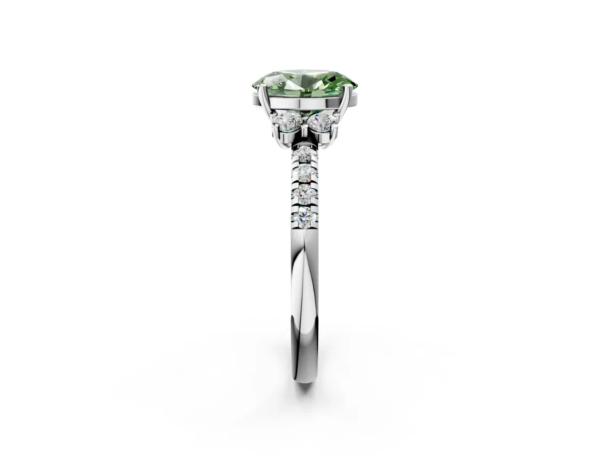 Fancy Green Oval Cut Diamond Three-Stone Pave Band with Four-Prong Setting Silver
