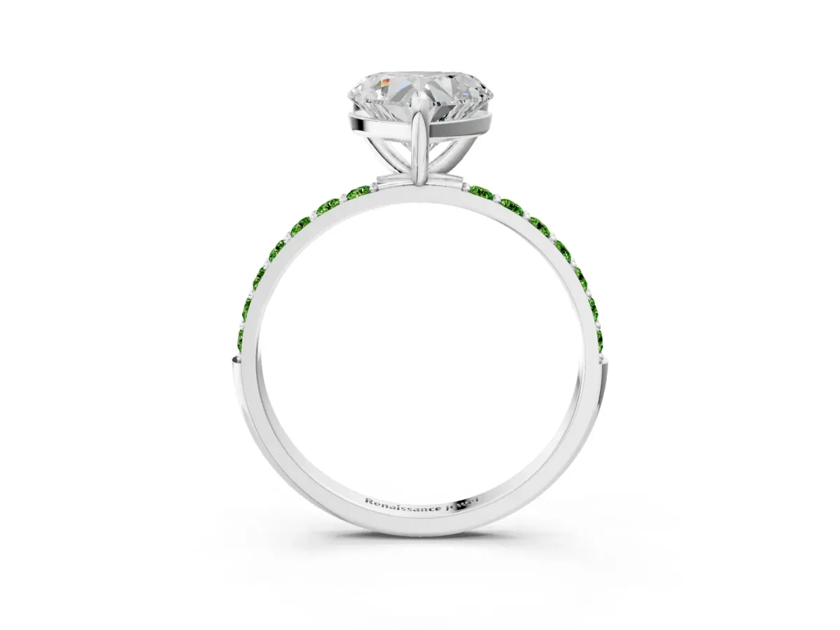 Heart Cut Diamond Solitaire Ring with Round Peridot Pavé Band and Prong Setting Silver