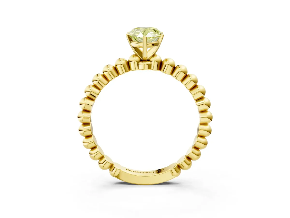 Fancy Yellow Pear Cut Diamond Solitaire Ring with Beaded Band and Prong Setting Yellow gold