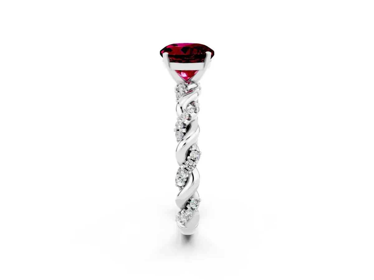 Round Cut Garnet Solitaire Ring with Twisted Band and Pavé Accents Silver