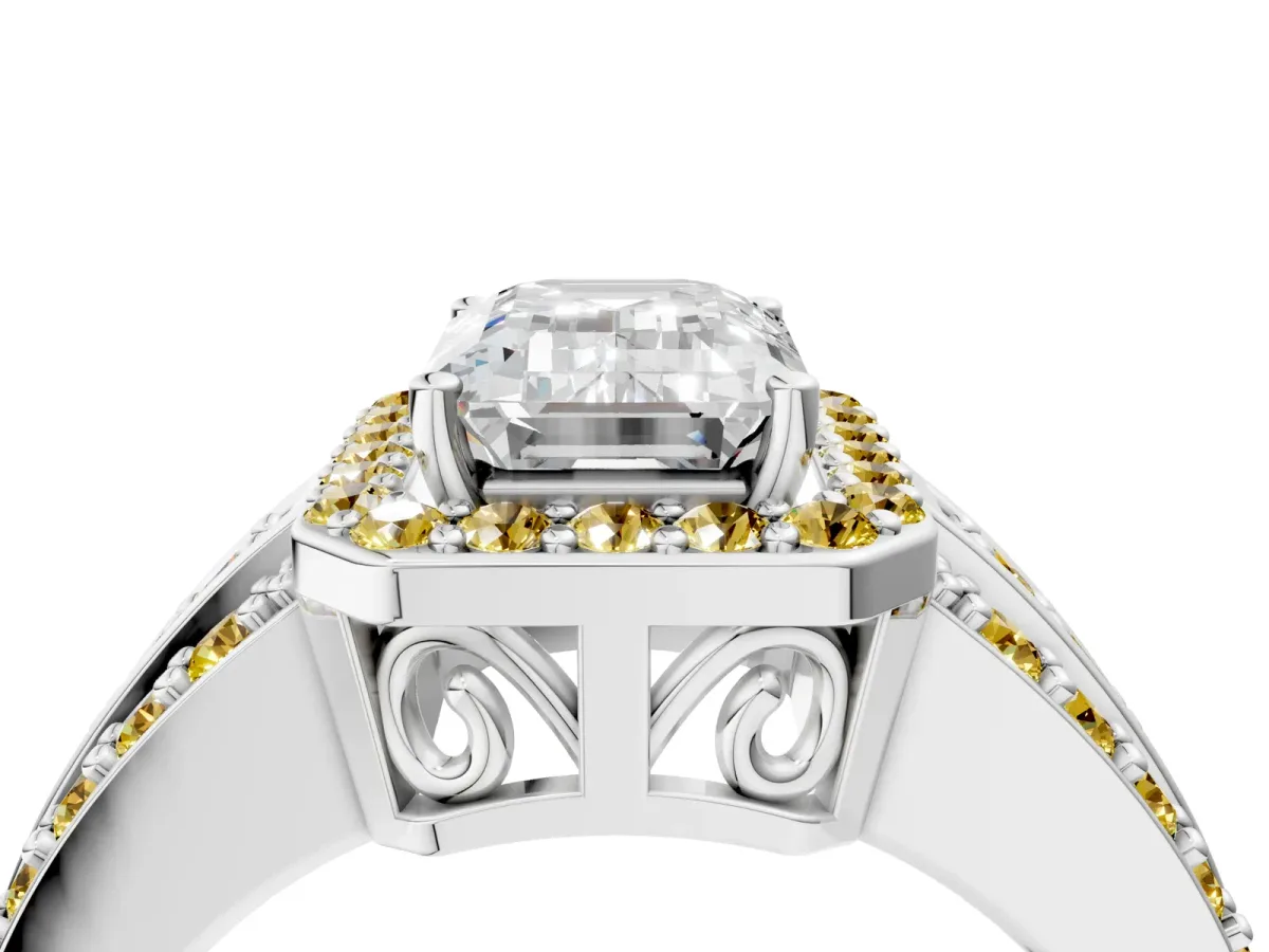 Emerald Cut Halo Diamond Ring with Round Yellow Sapphire Split Shank and Prong Setting Silver