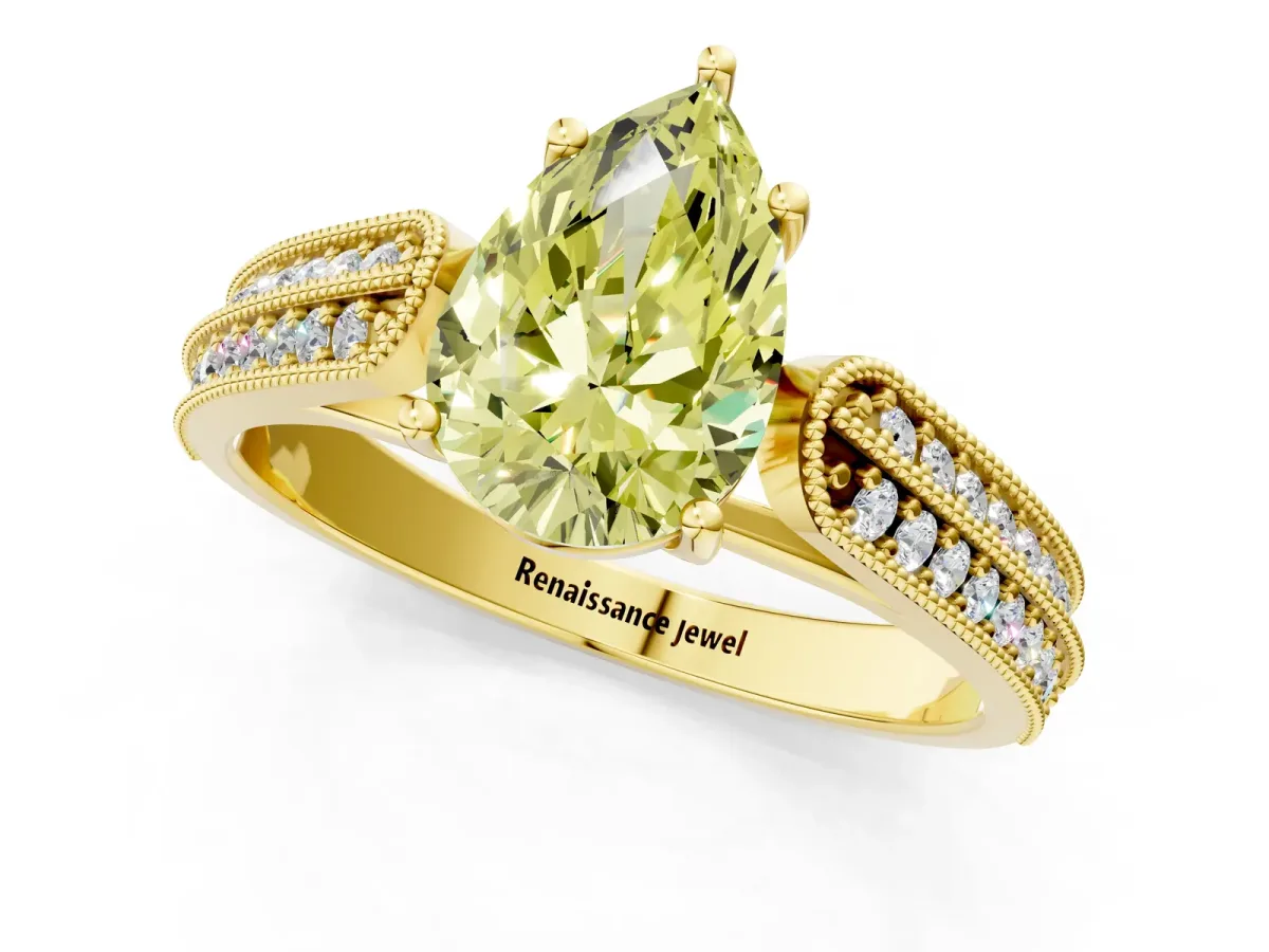 Fancy Yellow Pear Cut Cut Pave Split Shank Engagement Ring with Four-Prong Setting Yellow gold