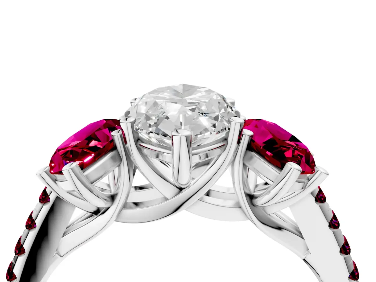 Three-Stone Marquise Cut Diamond Ring with Round Garnet Pavé Band and Prong Setting Platinum