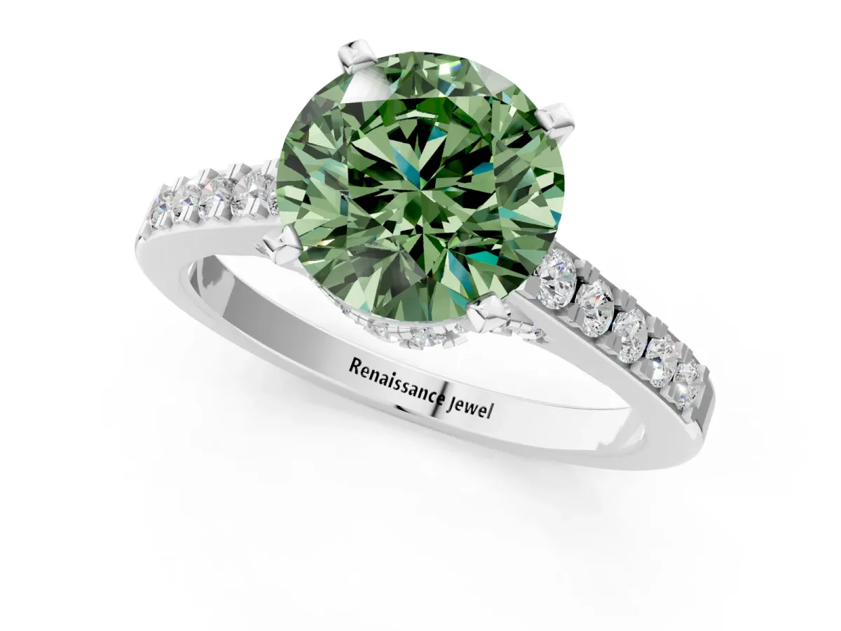 Fancy Green Round Cut Diamond Solitaire Ring with Crossover Gallery and Round Pavé Band Silver