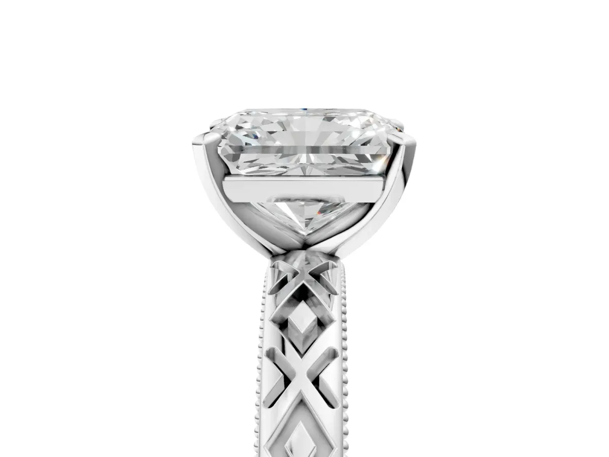 Radiant Cut Solitaire Diamond Ring with Milgrain and Black Enamel X Pattern Band Platinum