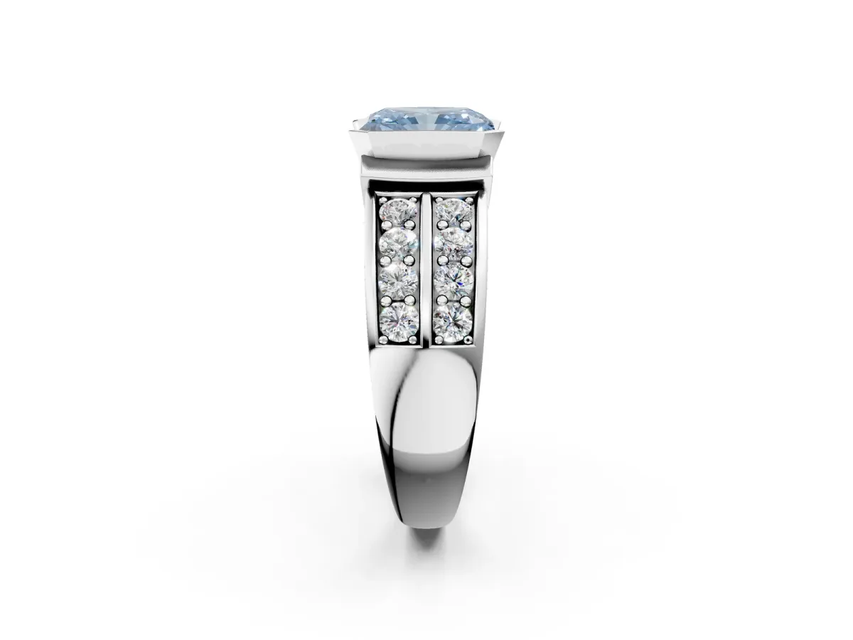 Fancy Blue Radiant Cut Brilliant Diamond Channel Set Wide Band Ring with Bezel Setting Platinum