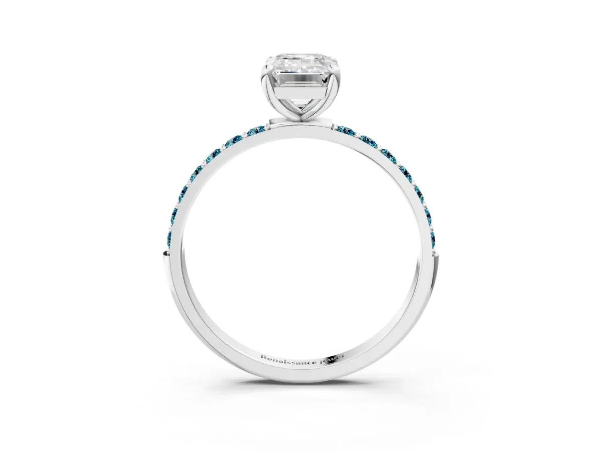 Emerald Cut Diamond Solitaire Ring with Round Blue Topaz Pavé Band and Prong Setting Silver