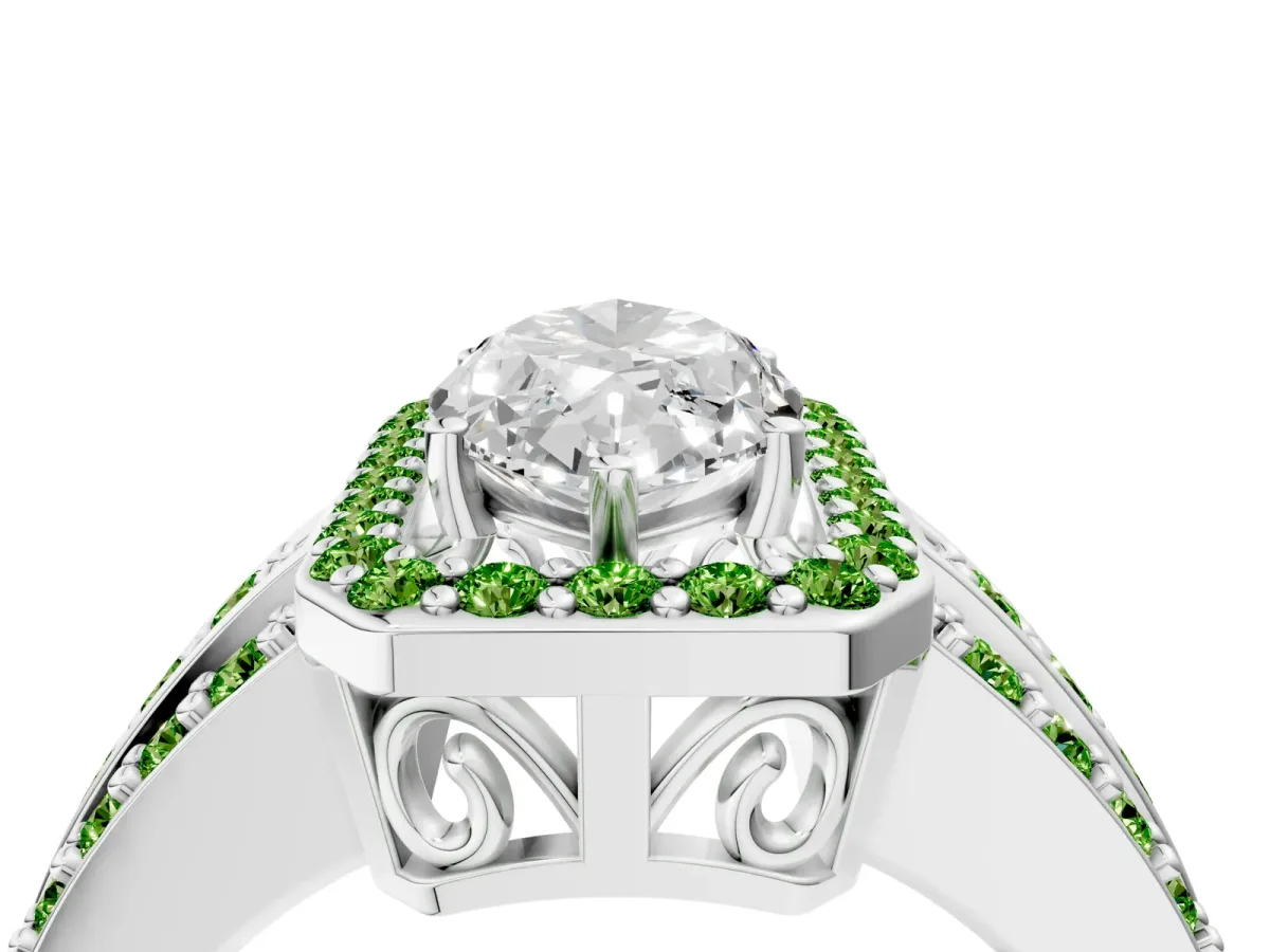 Marquise Cut Halo Diamond Ring with Round Peridot Split Shank and Prong Setting Silver