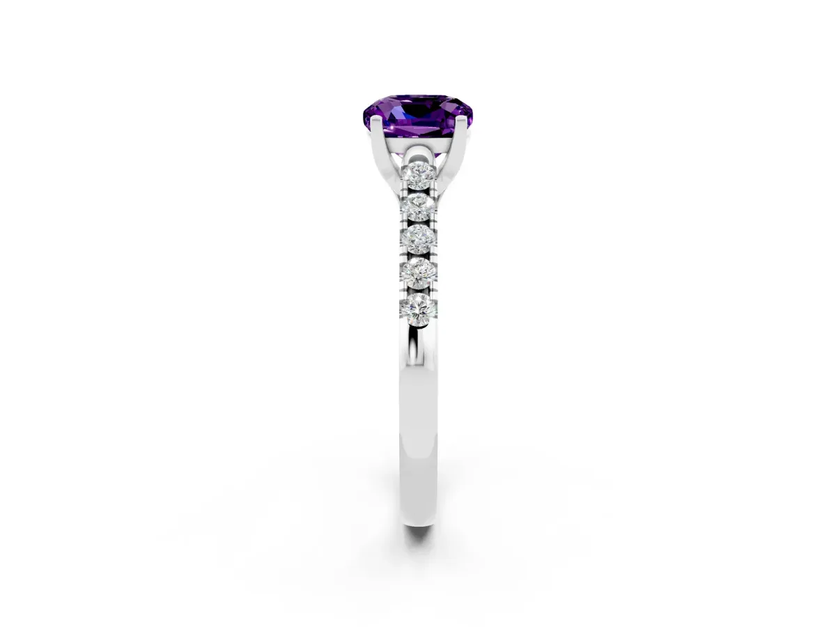 Cushion Cut Amethyst Pavé Band Solitaire Ring with Prong Setting Platinum